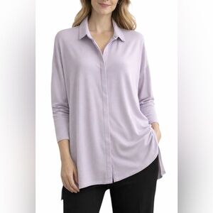 Eileen Fisher Size M Jersey Viscose Relaxed Shirt Slits Hem Long Sleeve Lilac